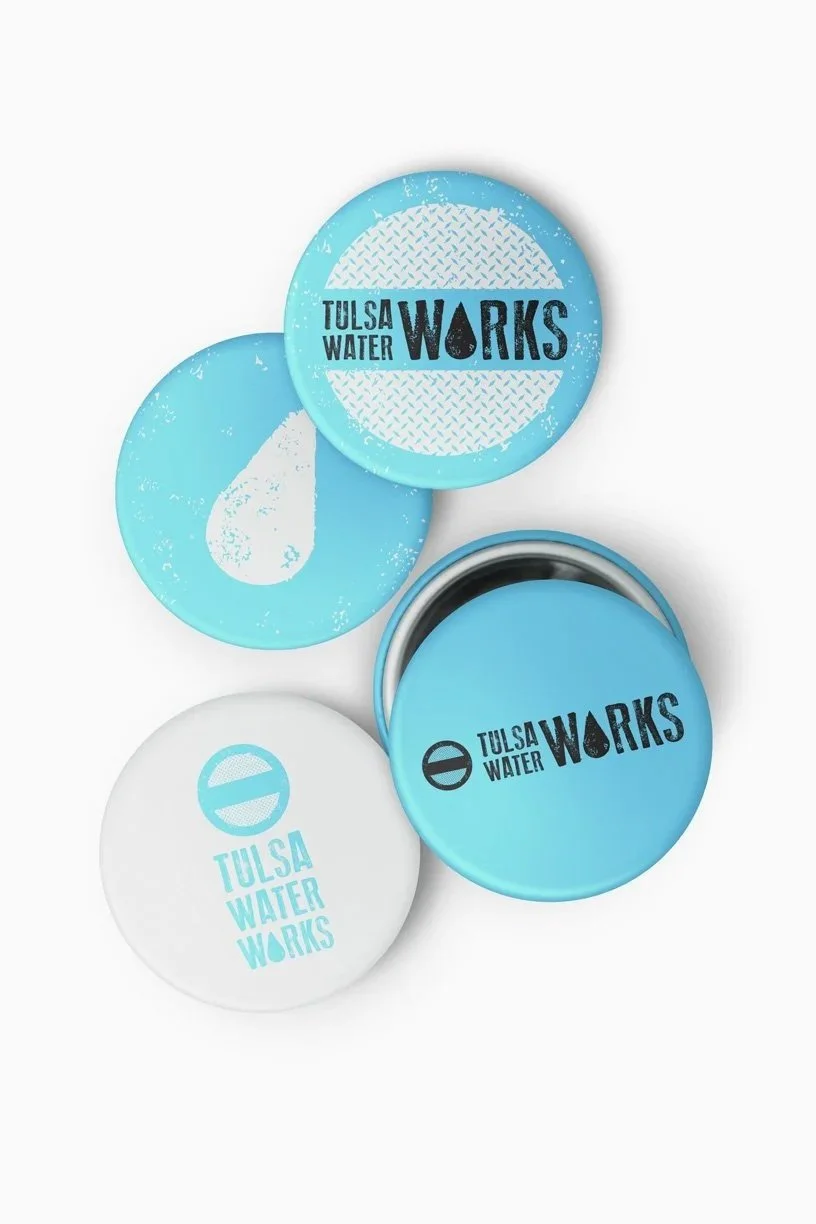 Tulsa Water Works campaign pin-back button badges.