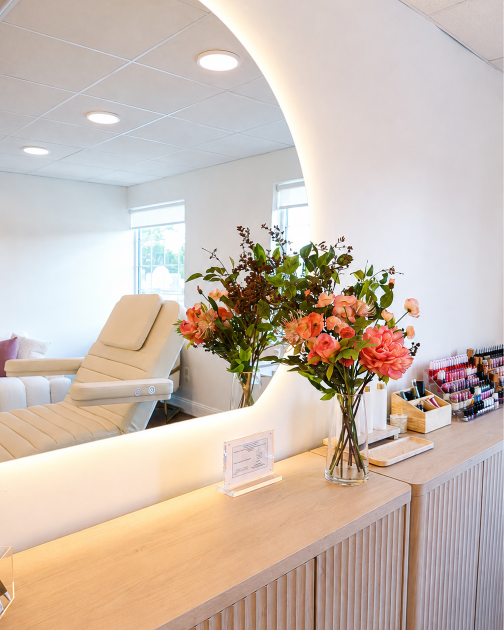 Interior of Kinesis Studio, a permanent makeup and paramedical tattoo studio in Fairfield, Connecticut, specializing in natural brows, microblading, and powder brows.