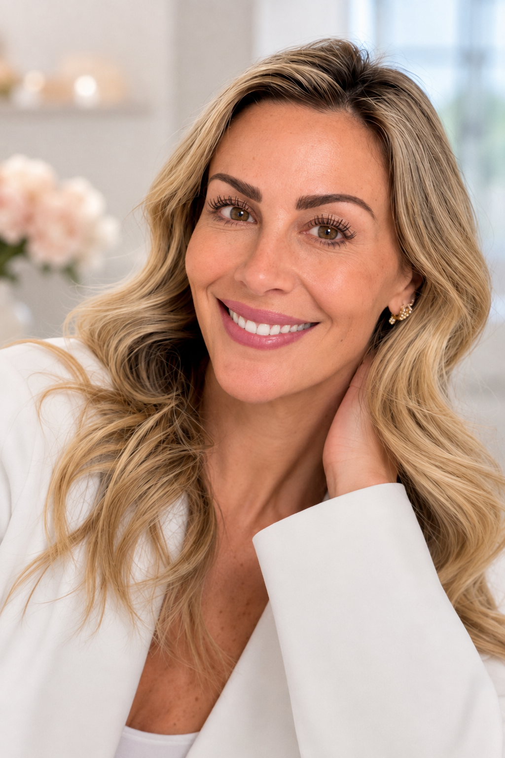 A smiling woman with long, wavy blonde hair, brown eyes, and earrings, wearing a white outfit, indoors with a blurred background of flowers.
