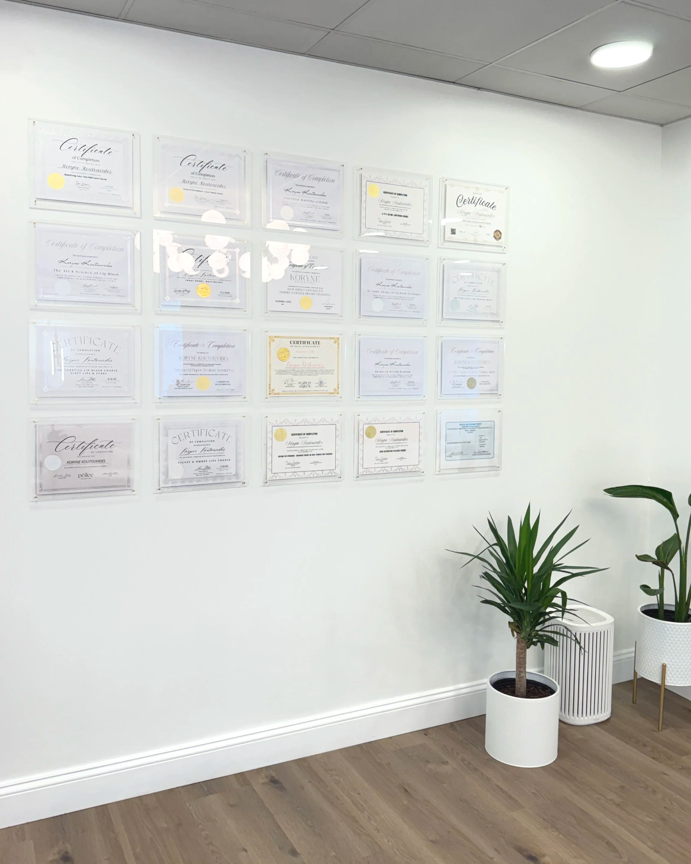 Wall displaying professional certifications and advanced training credentials at Kinesis Studio, a permanent makeup and paramedical tattoo studio in Fairfield, Connecticut, specializing in cosmetic and restorative tattooing.