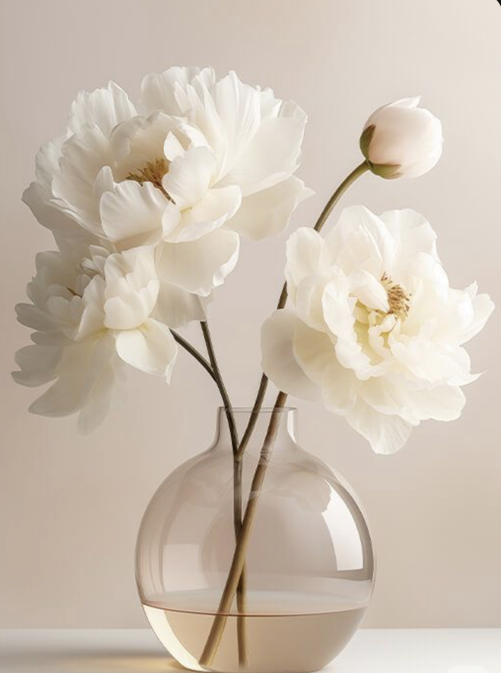 White peonies in a clear round glass vase on a neutral background.
