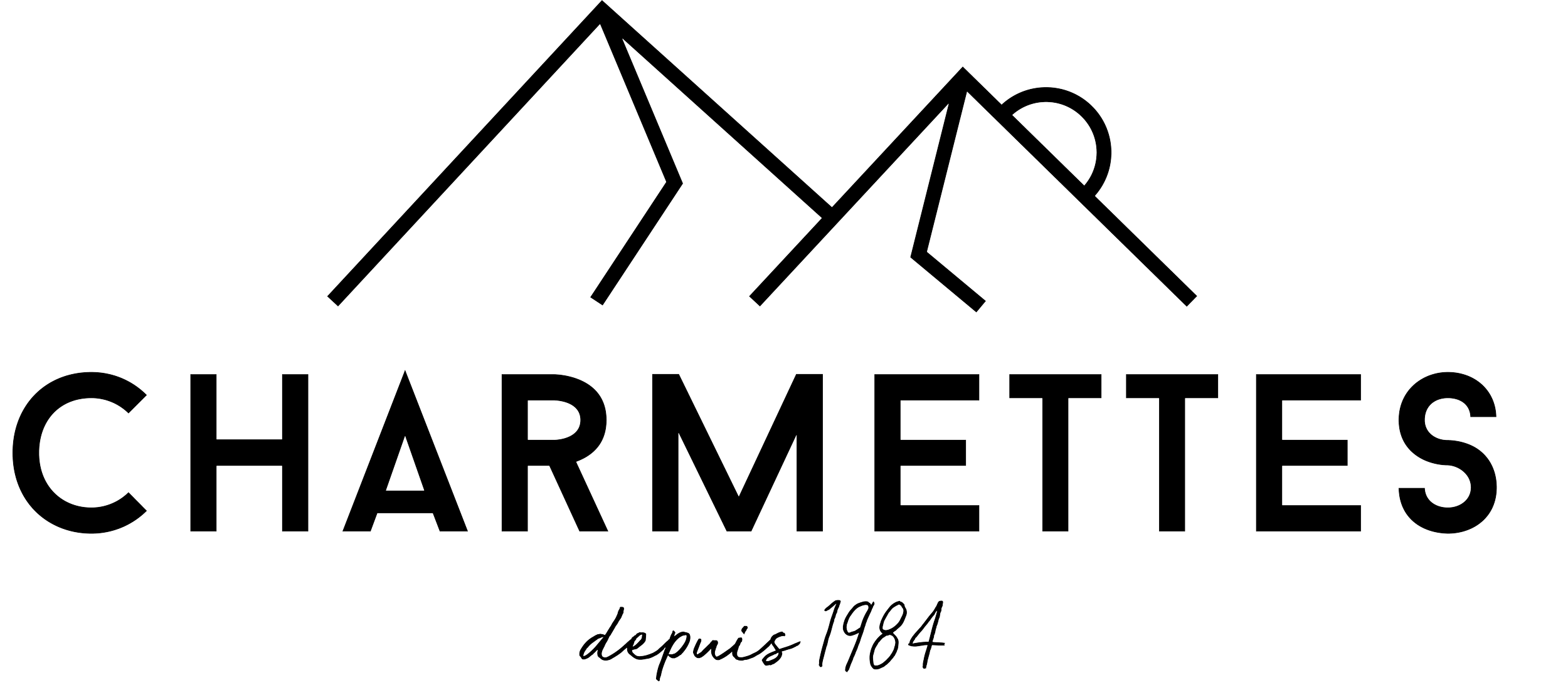 Logo for Charmeseties, featuring a mountain design, with the text 'Charmeseties' underneath and 'depuis 1984' written in cursive below.