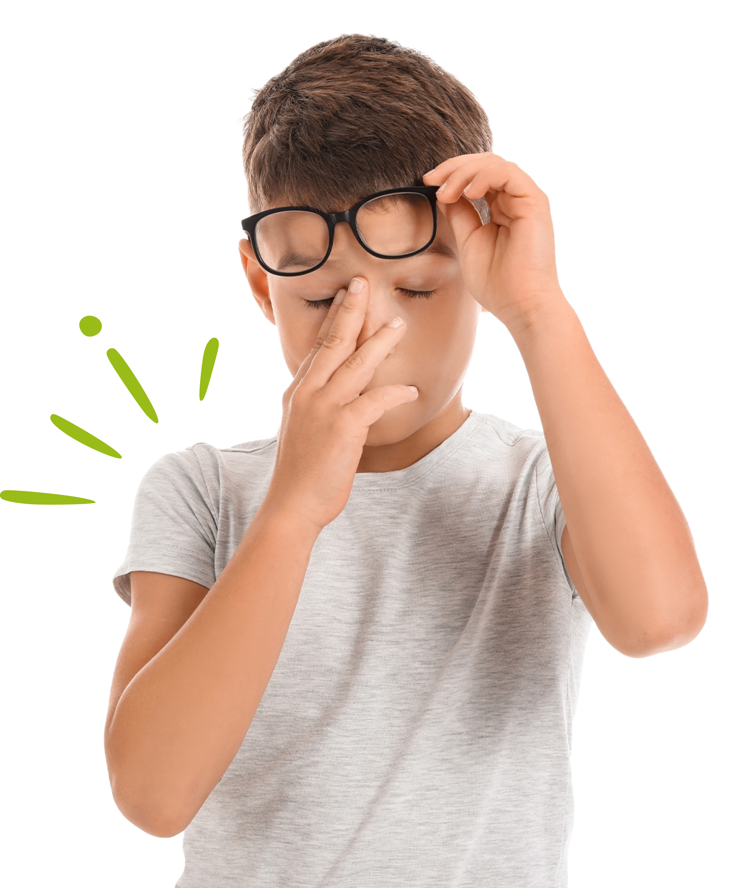 A young person with short brown hair and light skin, wearing a gray t-shirt and black glasses, is touching their left eye with their left hand and adjusting their glasses with their right hand, with their eyes closed.