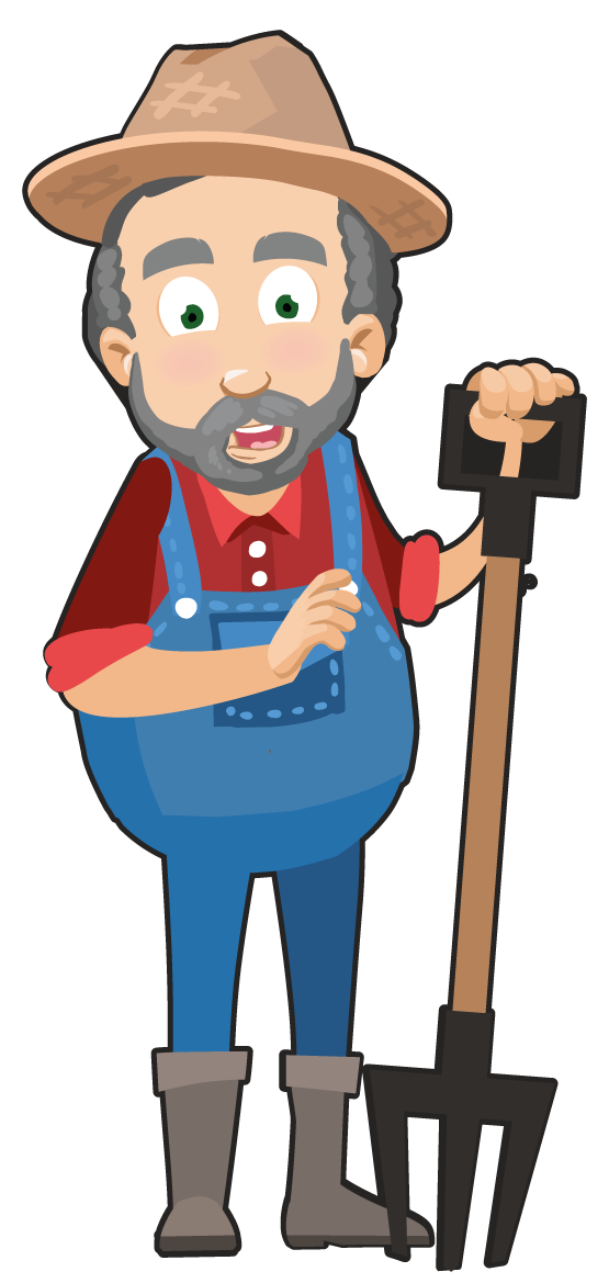 Cartoon image of a smiling farmer with a beard, wearing a straw hat, red shirt, blue overalls, and gray boots, holding a pitchfork.