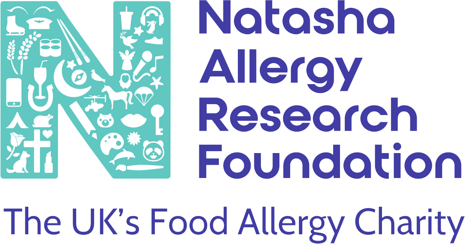 Logo of the Natasha Allergy Research Foundation, featuring a large letter 'N' filled with various icons related to food, health, and allergies, alongside the foundation's name and the tagline 'The UK's Food Allergy Charity'.
