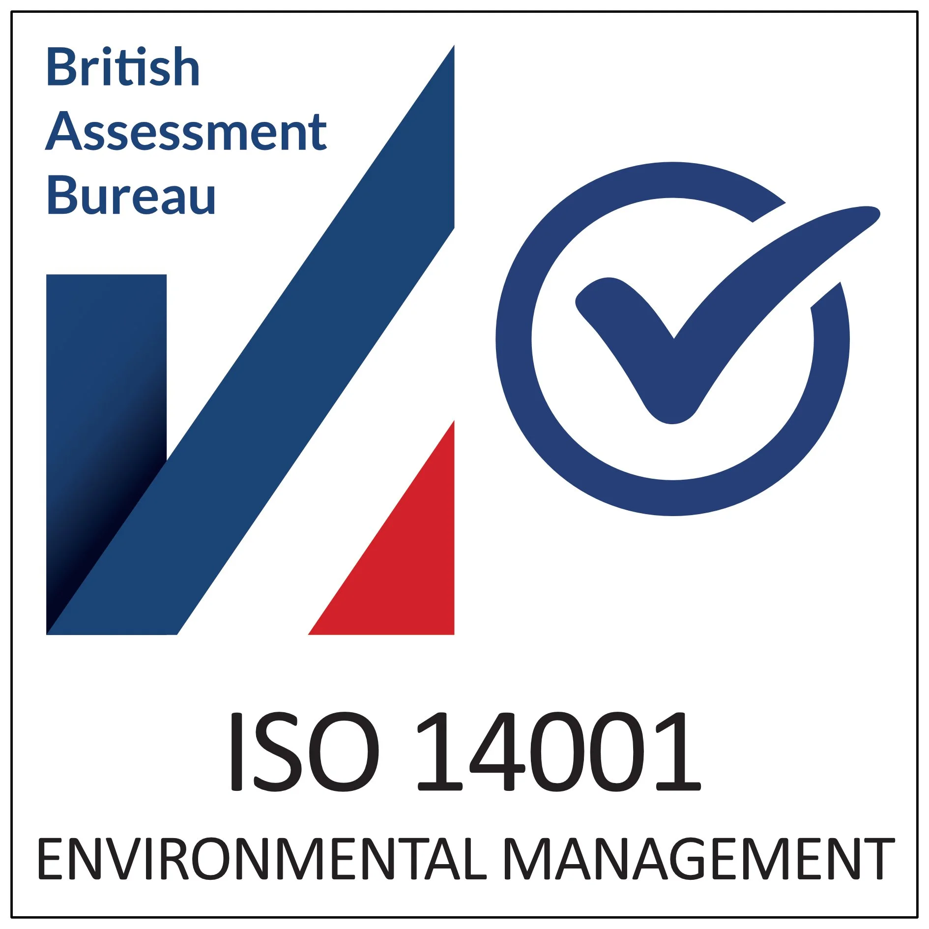 Logo of the British Assessment Bureau, featuring blue text and symbols, and the certification ISO 14001 for Environmental Management.