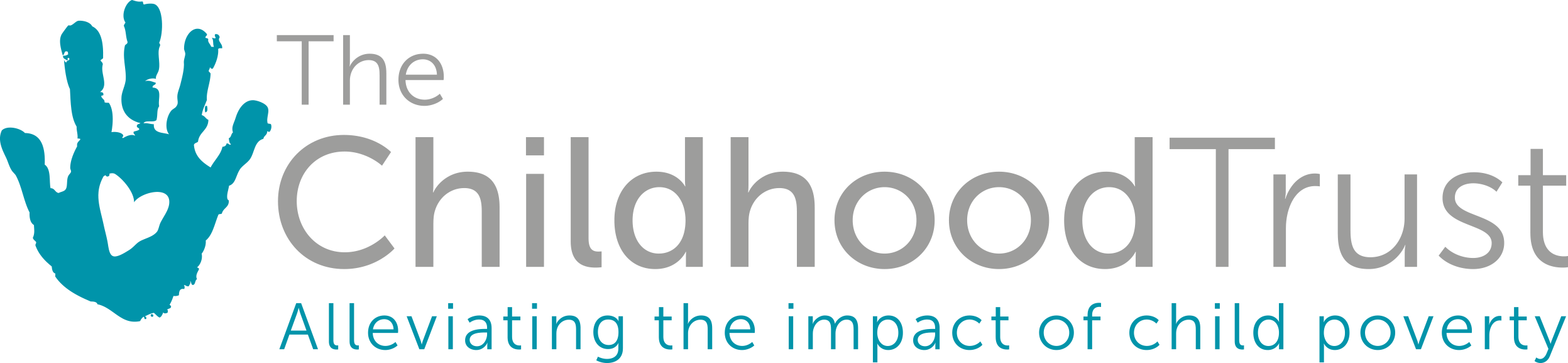 Logo of The Child Trust featuring a stylized blue handprint with a heart inside and the text "The Child Trust" and tagline "Alleviating the impact of child poverty".
