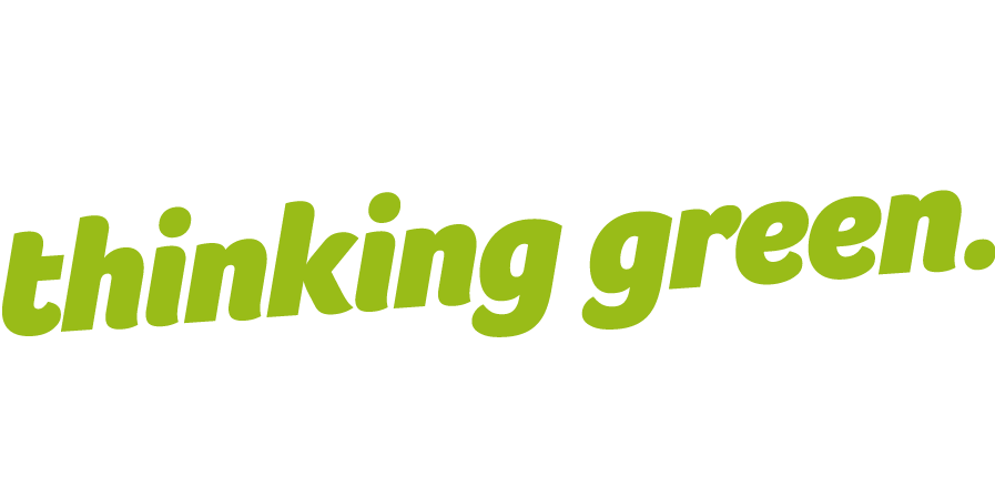 Text saying "Eating well, thinking green." with a white underline on a black background.