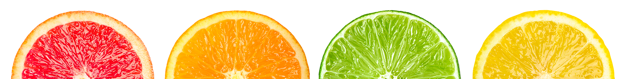 Close-up of four colorful citrus fruit slices, from left to right: grapefruit, orange, lime, and lemon.