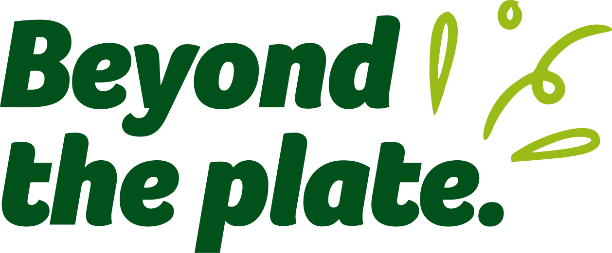 Text reads "Beyond the plate" in green font with decorative lines and shapes around it.