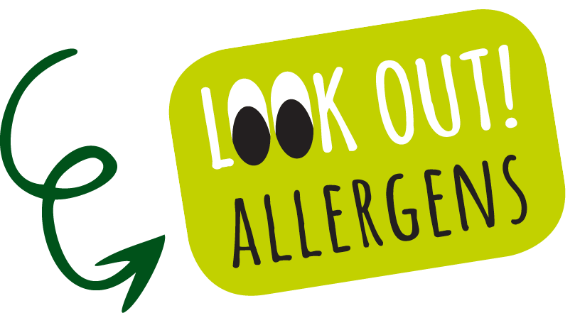 A green tag with white and black text reading "LOOK OUT! ALLERGENS" and a graphic of two black eyes.