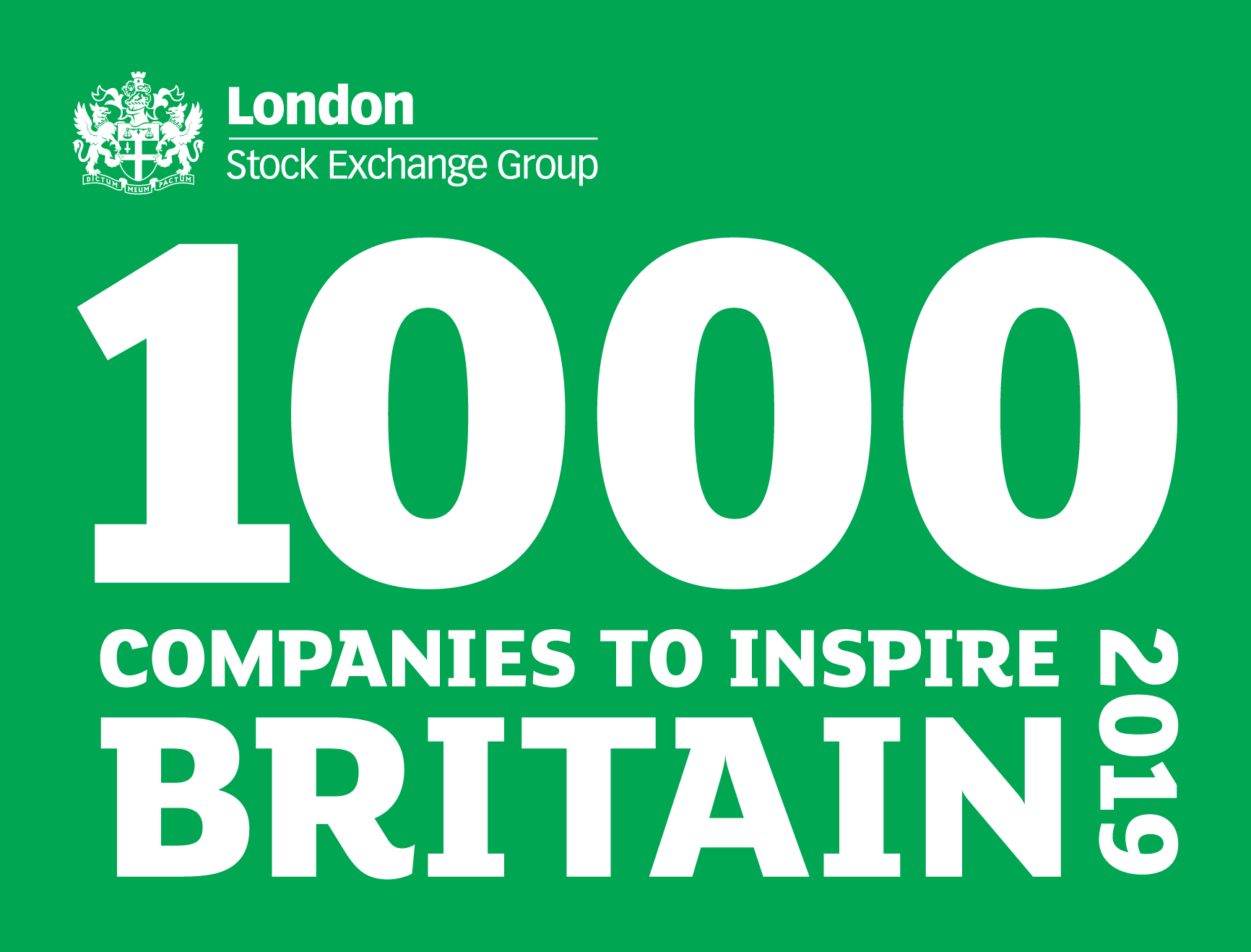 Green badge with white text showing 'London Stock Exchange Group' and '100 companies to inspire Britain's'.
