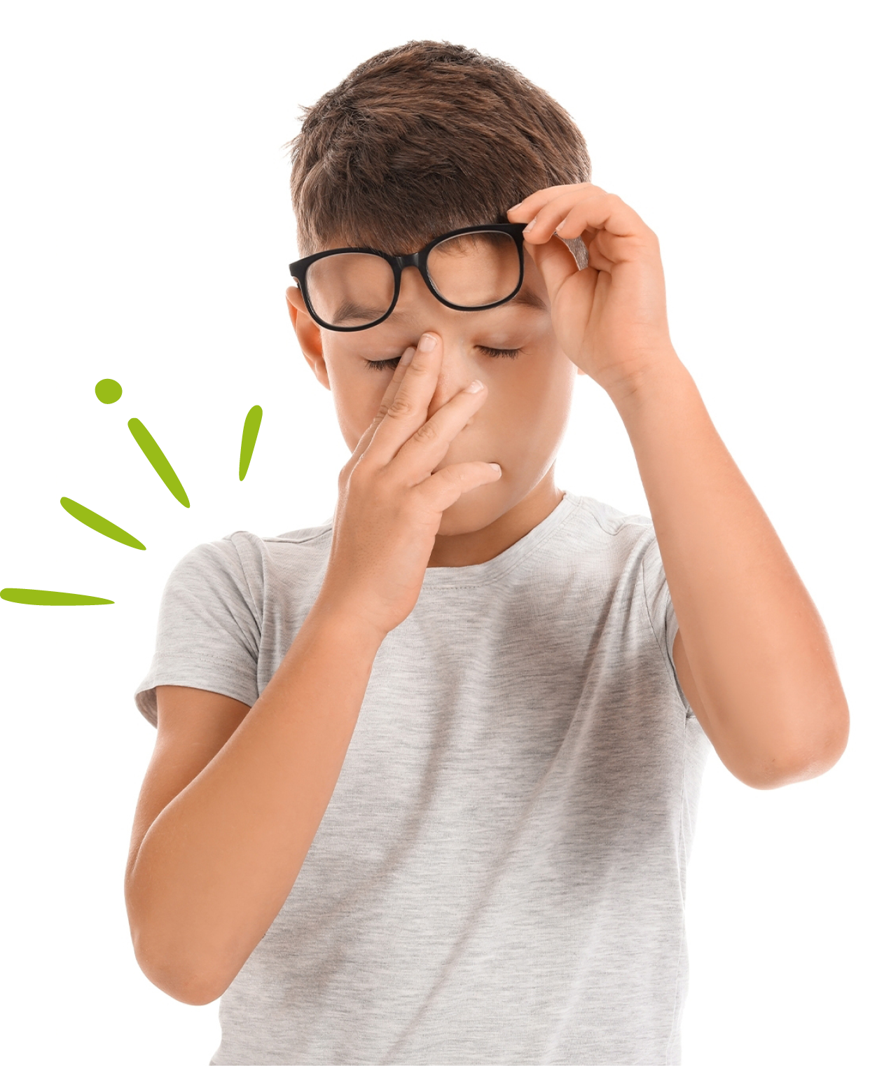 A young boy with brown hair, wearing glasses on his forehead and a gray t-shirt, is pinching his nose with one hand and adjusting his glasses with the other, seemingly smelling or reacting to an unpleasant odor.