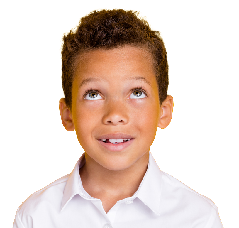 A young boy with short, curly hair looking upward with a curious expression, wearing a white collared shirt.