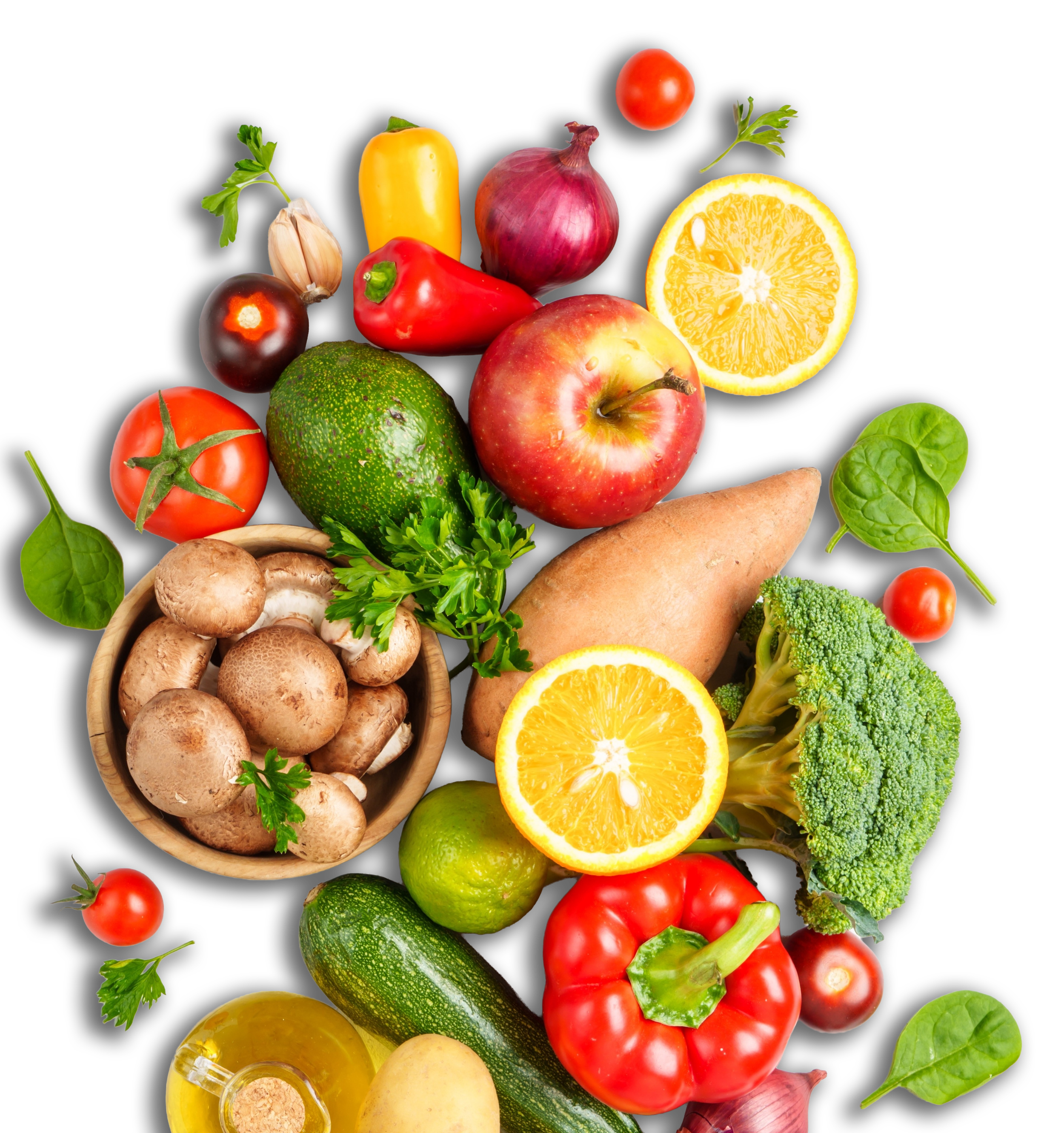 Various fresh vegetables and fruits including tomatoes, bell peppers, onions, garlic, orange, cucumber, mushrooms, broccoli, and leafy greens on a black background.