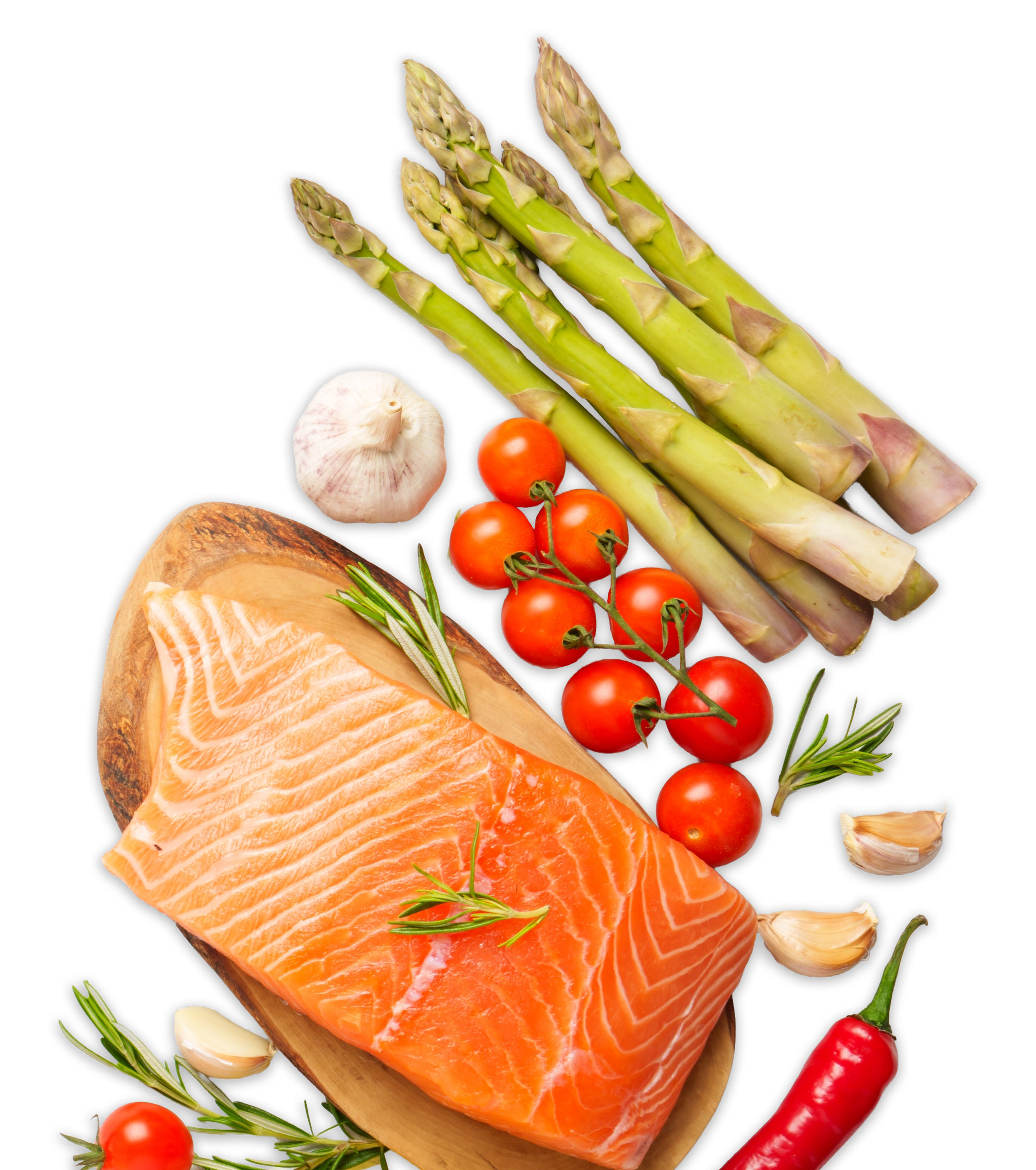 Fresh salmon fillet with green herbs, cherry tomatoes, garlic, sprigs of rosemary, and a red chili pepper on a black background.