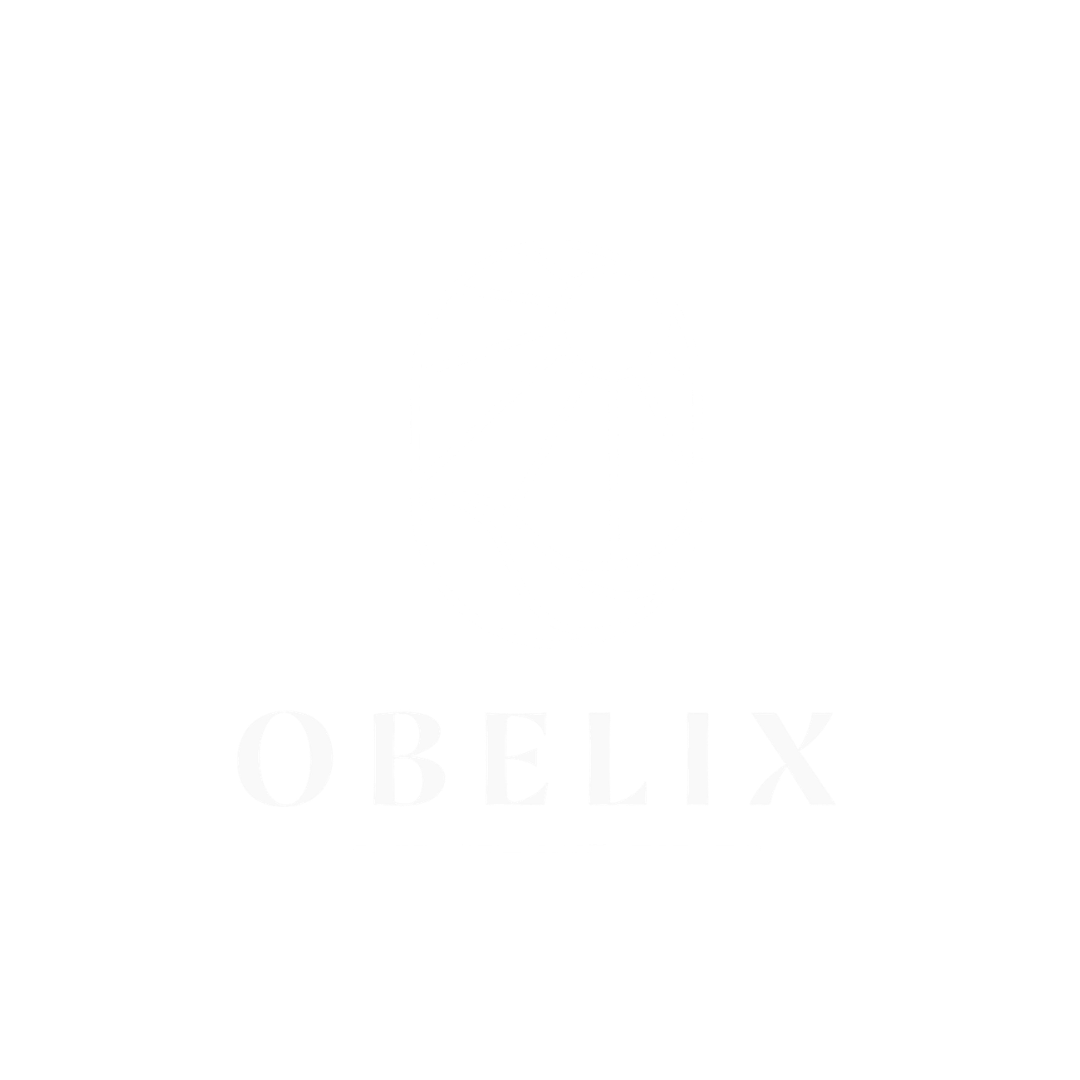 Black background with a white logo of a stylized mountain with a sun above and waves below, and the word 'OBELIX' written underneath.