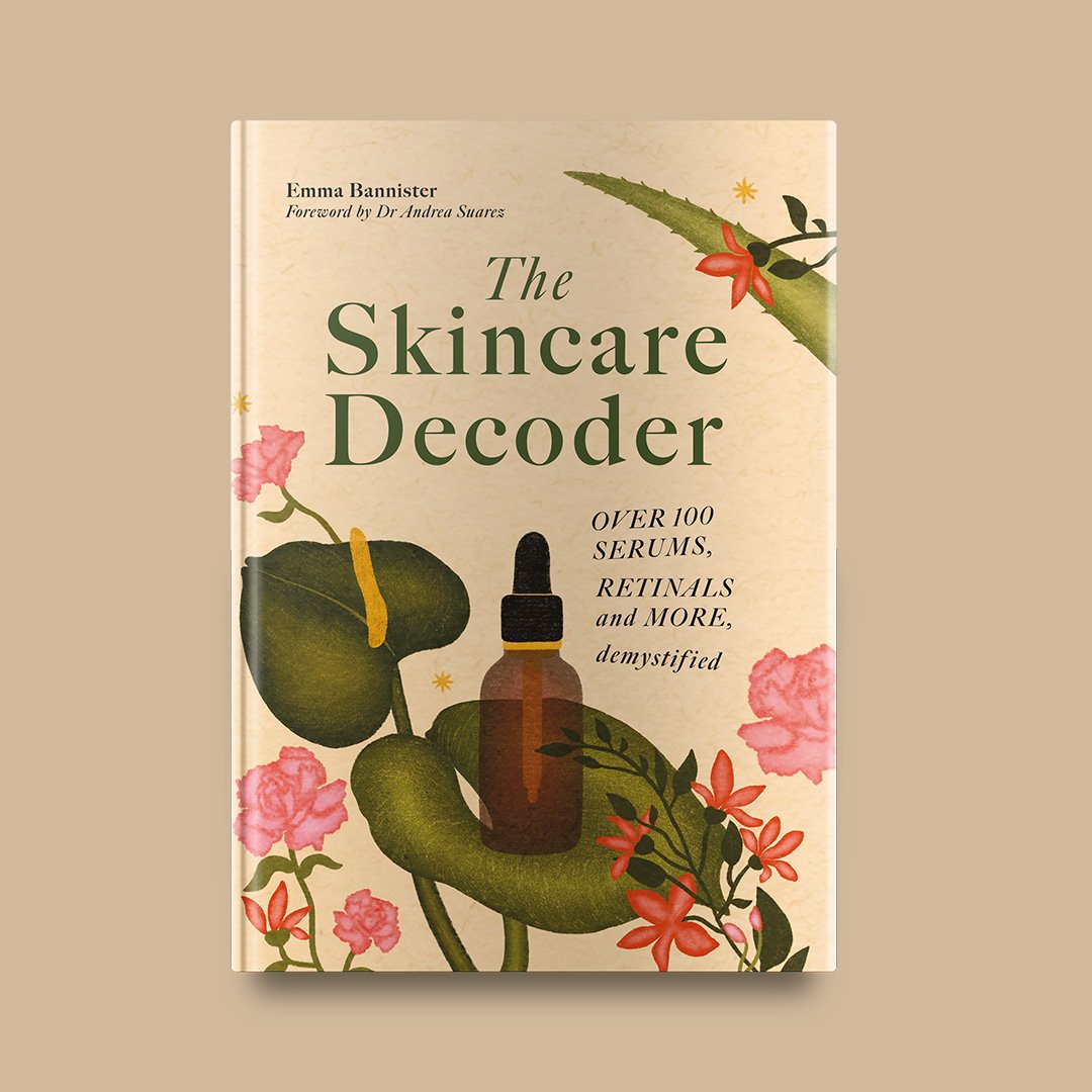 Book titled "The Skincare Decoder" featuring illustrations of a bottle, leaves, and flowers on the cover.