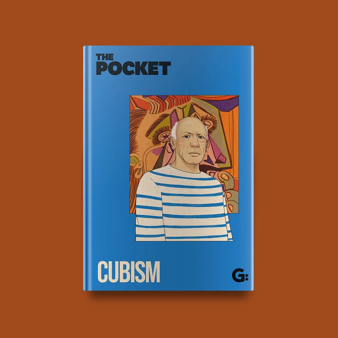 A blue book titled 'The Pocket Cubism' with an illustrated portrait of a man in a striped shirt against a cubist-style background.