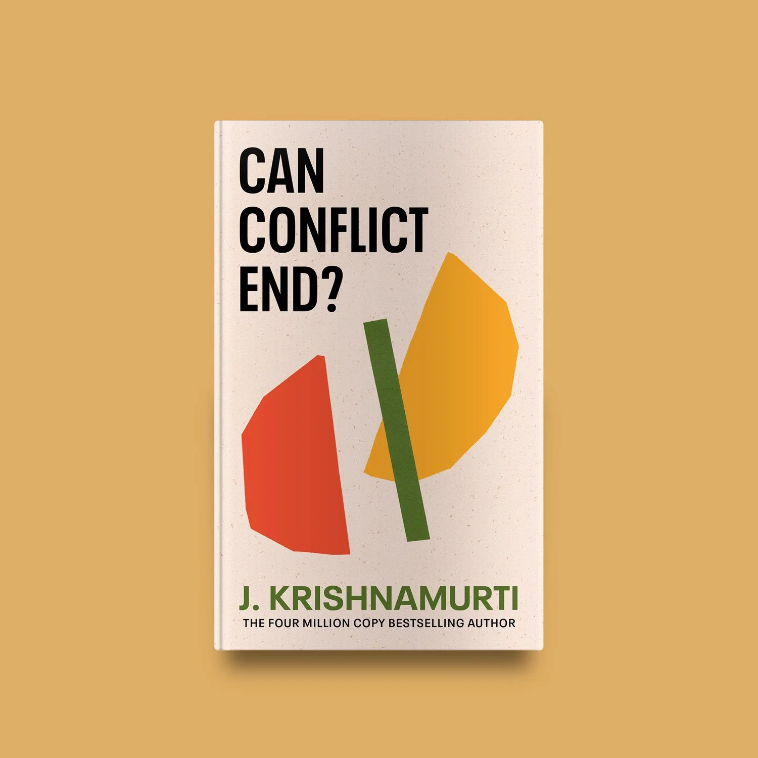 A book titled "Can Conflict End?" by J. Krishnamurti is shown against a tan background. The cover has abstract shapes in red, yellow, and green.
