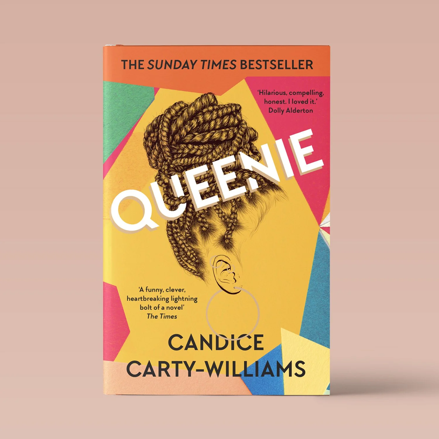 Book cover titled 'Queenie' by Candice Carty-Williams, with colorful geometric design and an illustration of a woman with braided hair and an ear piercing.