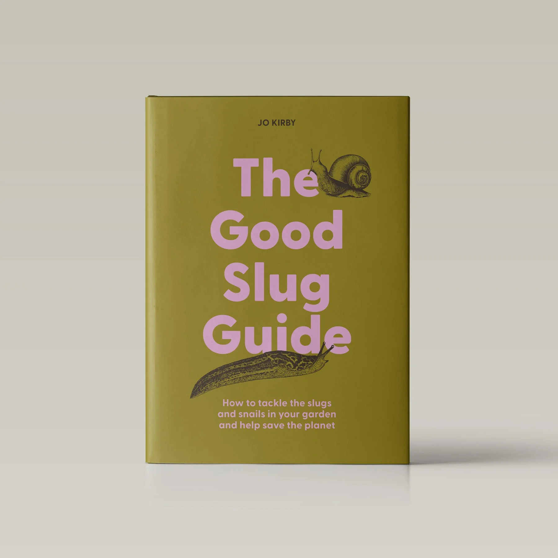 Book cover titled 'The Snail and the Slug Guide' by Jo Kirby with illustrations of a snail and a slug on a yellow background. Subtitle reads, 'How to tackle the slugs and snails in your garden and help save the planet.'