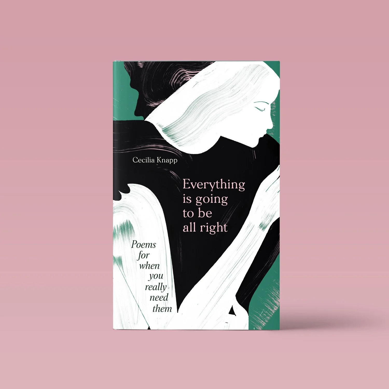 A book cover titled 'Everything is going to be all right' by Cecilia Knapp, featuring abstract black and white illustrations of a woman's face and upper body with a pink background.
