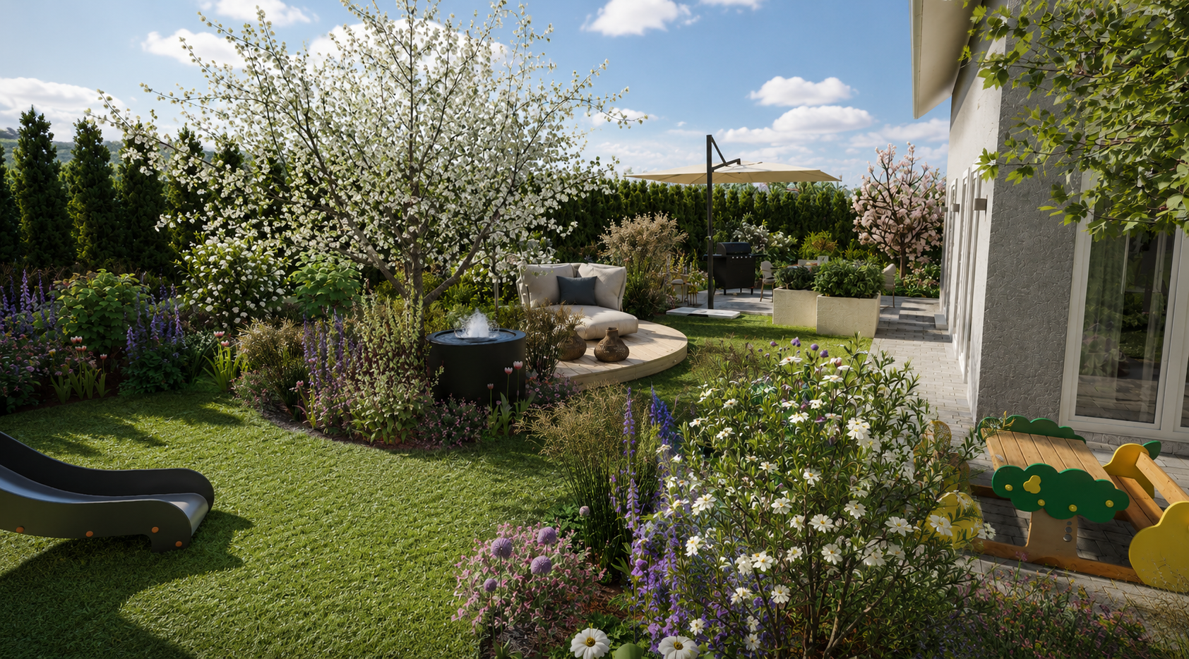 Ein schön gestalteter Garten mit blühenden Bäumen, einem Wasserbrunnen, einer gemütlichen Sitzgruppe mit Kissen, bunten Blumen und einem Sonnenschirm unter klarem Himmel.