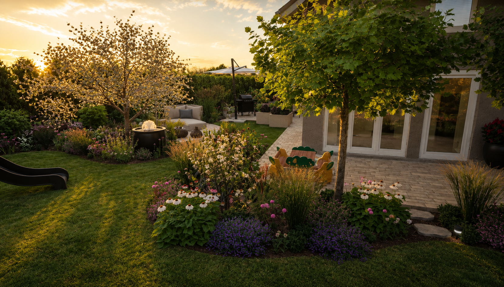 Ein schön gepflegter Garten mit Blumen, Bäumen und einer Sitzecke bei Sonnenuntergang.