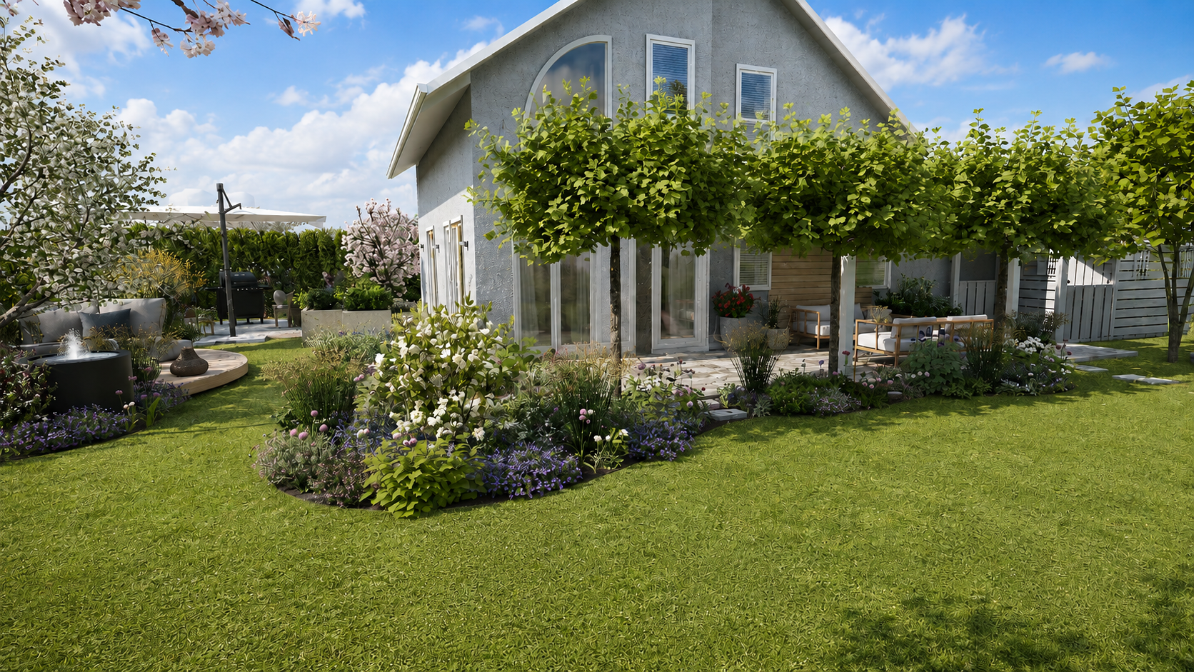 Gartengrundstück mit grünem Rasen, blühenden Pflanzen, Bäumen und einem modernen Haus mit großen Fenstern, blauen Himmel und Wolken.