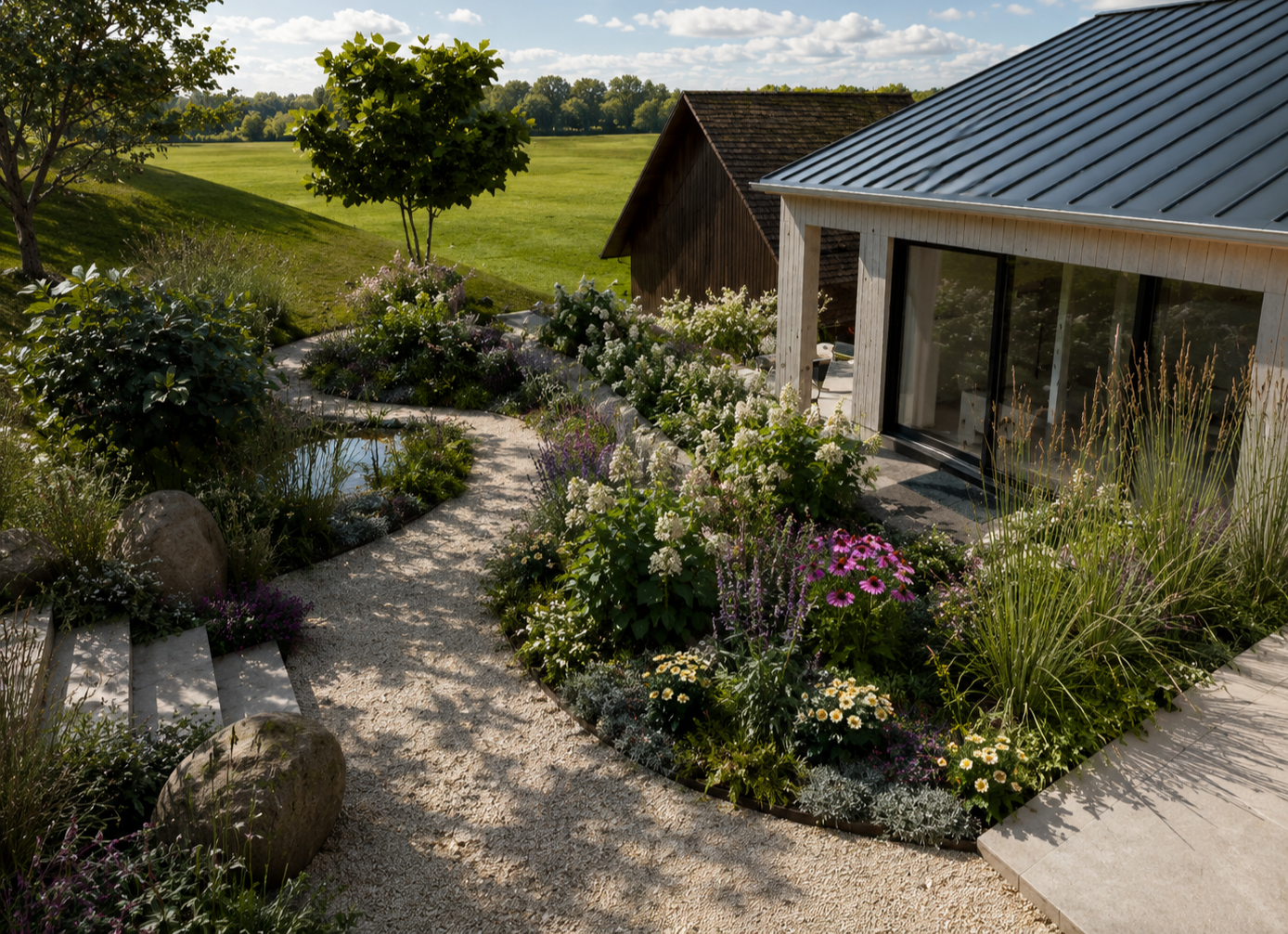 Garten mit Blumen, Steinen und einem Weg vor einem modernen Haus mit großen Fenstern, umliegenden Bäumen und Feldern im Hintergrund.