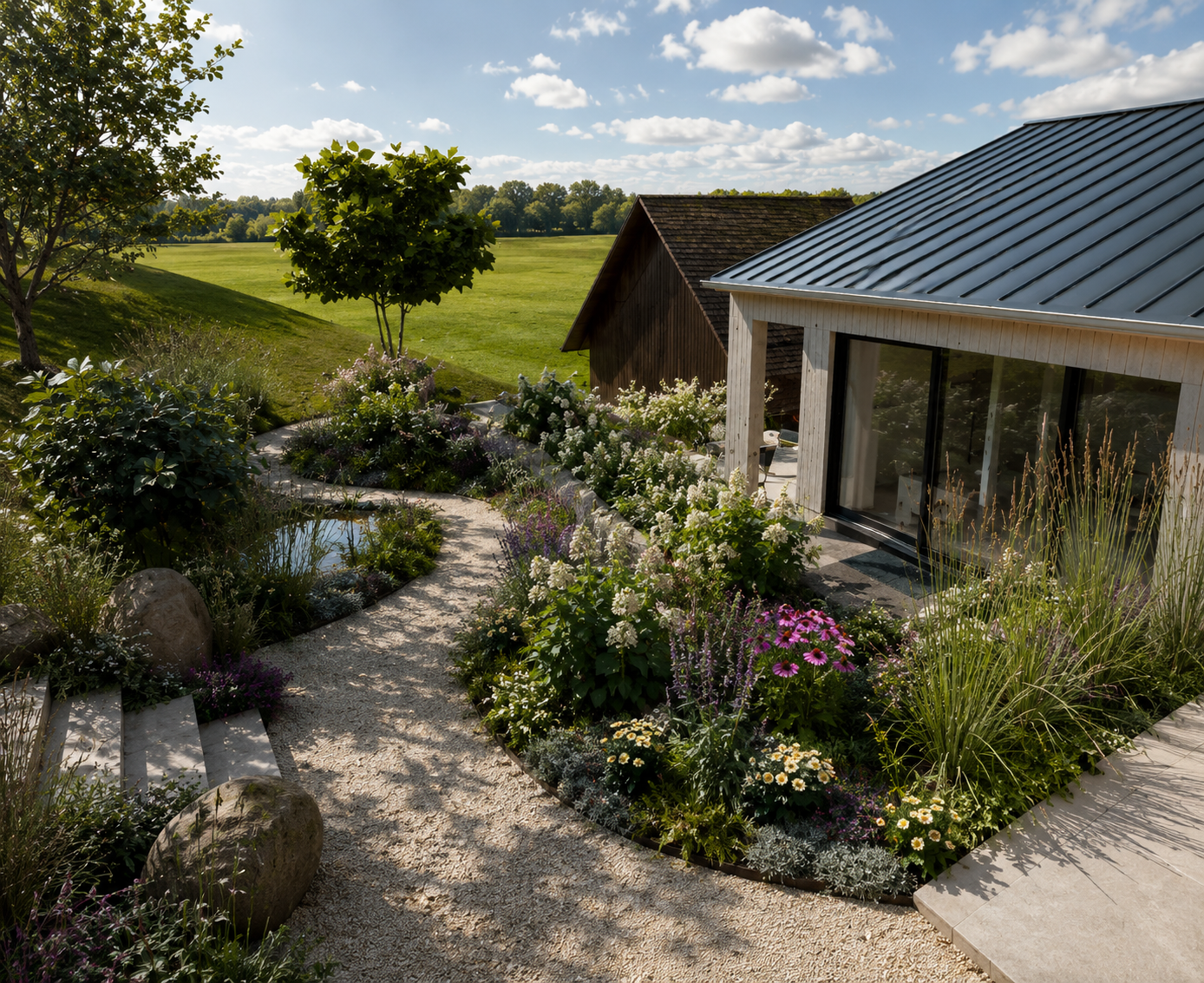 Garten mit blühenden Pflanzen, Wasserteich und einem modernen Haus mit großen Fenstern, umgeben von Grünland und Bäumen unter einem blauen Himmel.