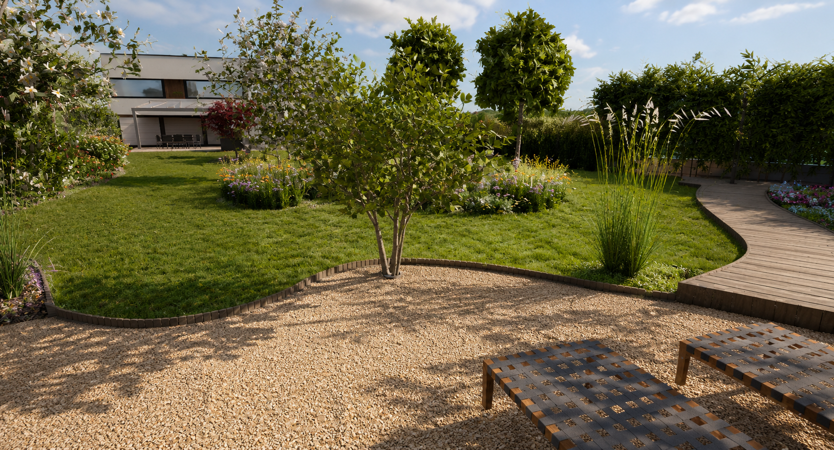 Garten mit Rasen, Bäumen, Blumenbeeten und einem Kiesweg, daneben ein Holzweg, im Hintergrund modernes Haus