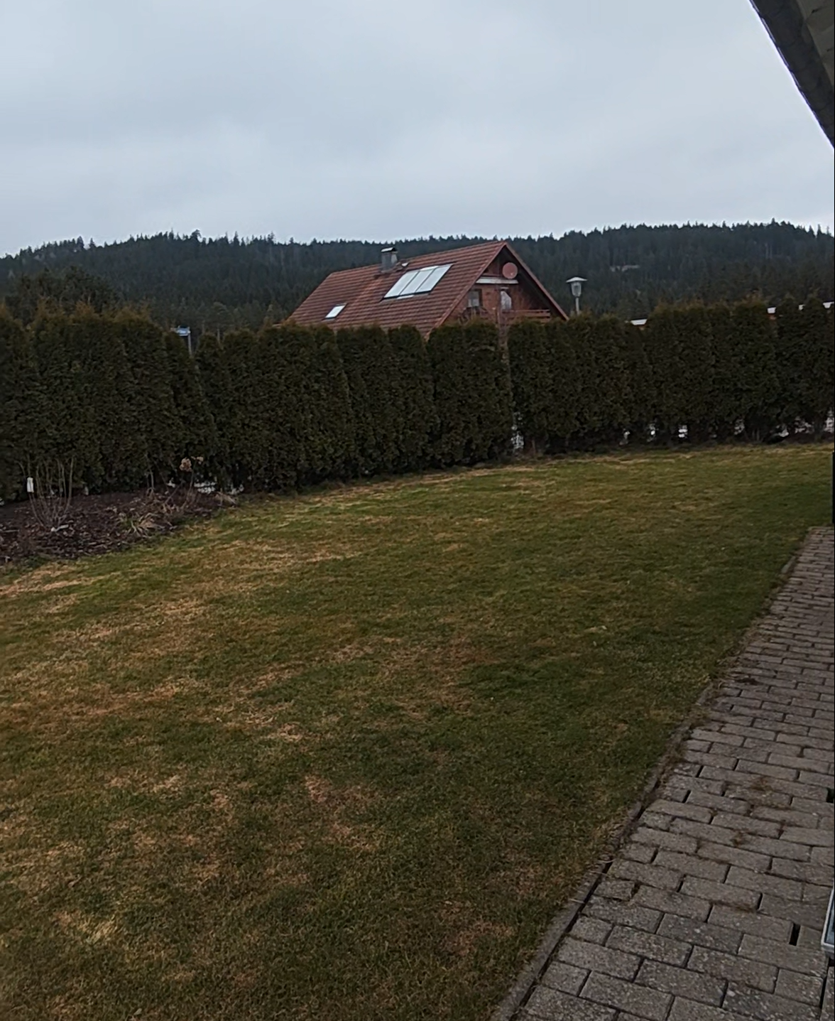 Garten mit Rasen und Hecke, im Hintergrund ein Haus mit roten Dach und Solarpanel, umgeben von Bäumen und Hügeln, bewölkter Himmel.