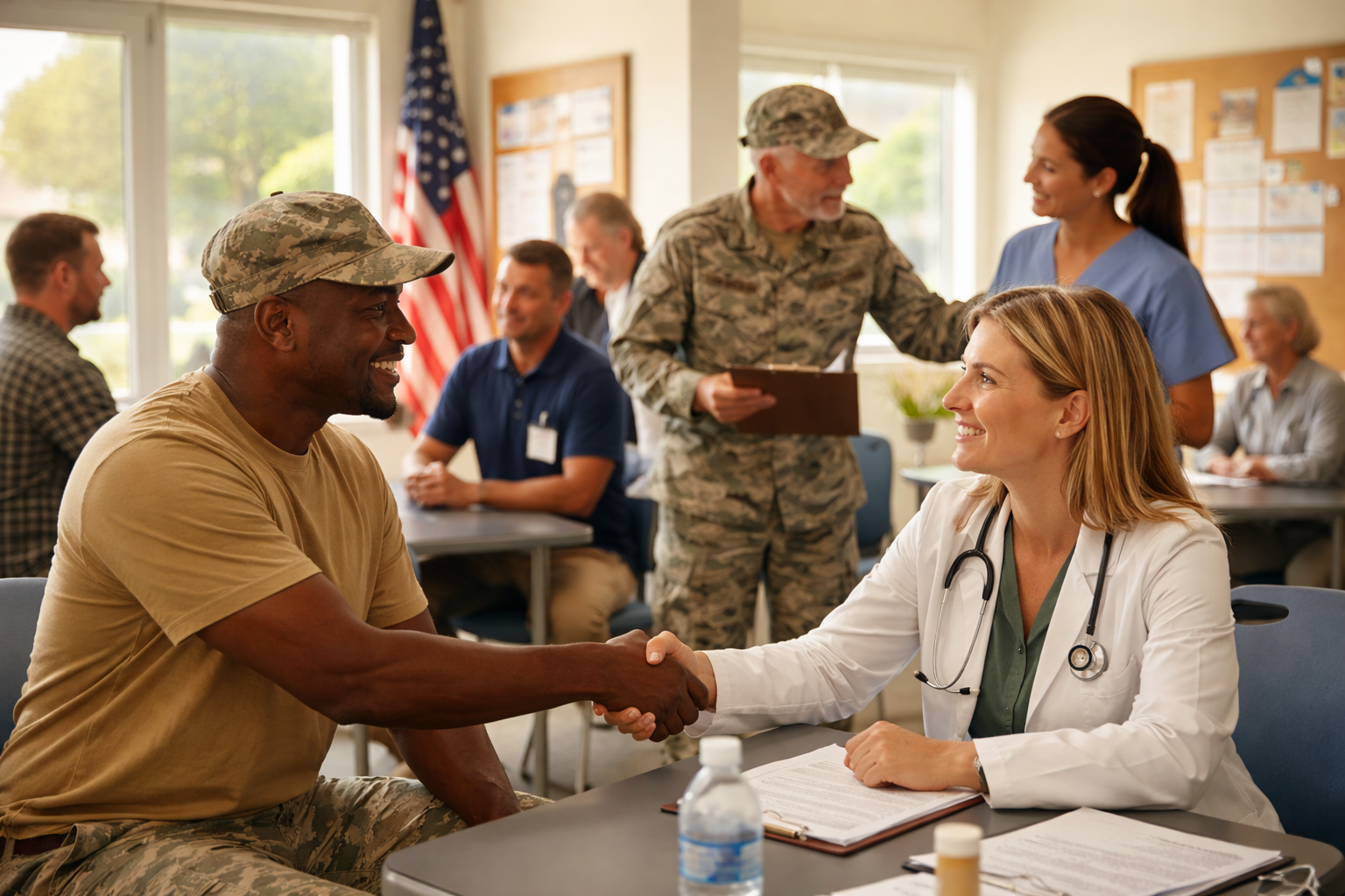 A serviceman in military uniform shaking hands with a female doctor in a hospital setting, during a meeting or consultation with other healthcare and military personnel present in the background.