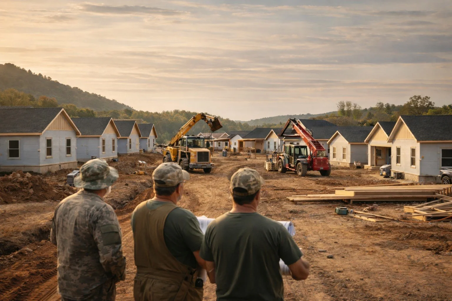 Construction site with several houses under construction, two excavators moving earth, and three construction workers observing the site, with hills and a cloudy sky in the background.