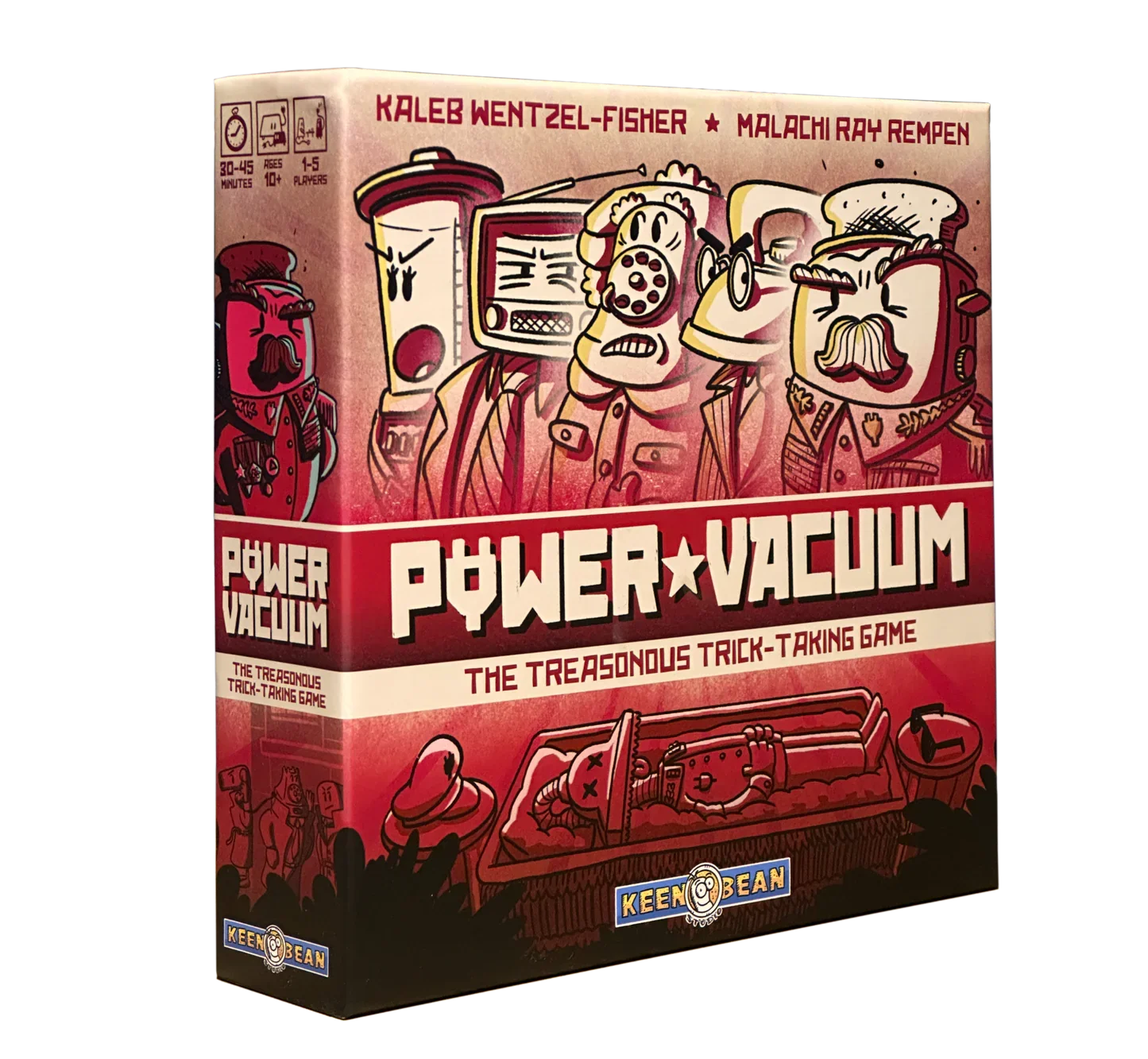 Illustration of game box titled 'Power Vacuum: The Treasonous Trick-Taking Game' featuring cartoon characters with retro television and vacuum cleaner designs on a pink and red background.