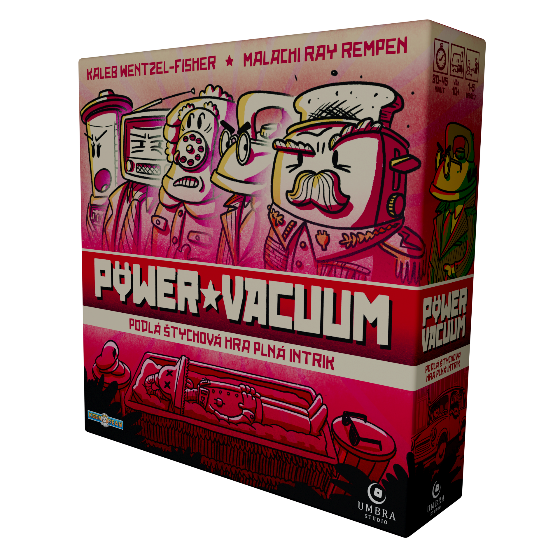 Board game box titled 'Power & Value: Podláštichová hra plná Intrík' featuring cartoon illustrations of characters with retro and eclectic styles, including a robot, a person with glasses, a chef, and a man with a mustache, with icons indicating game duration 30-45 minutes, suitable for ages 10 and up, and for 1-5 players.