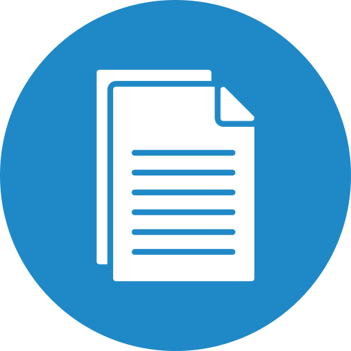 Icon of two overlapping documents with lines simulating text, on a blue circular background.