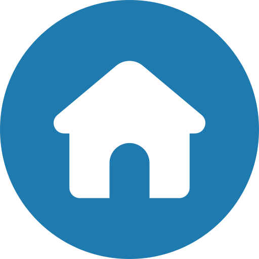 Icon of a white house on a blue circular background.