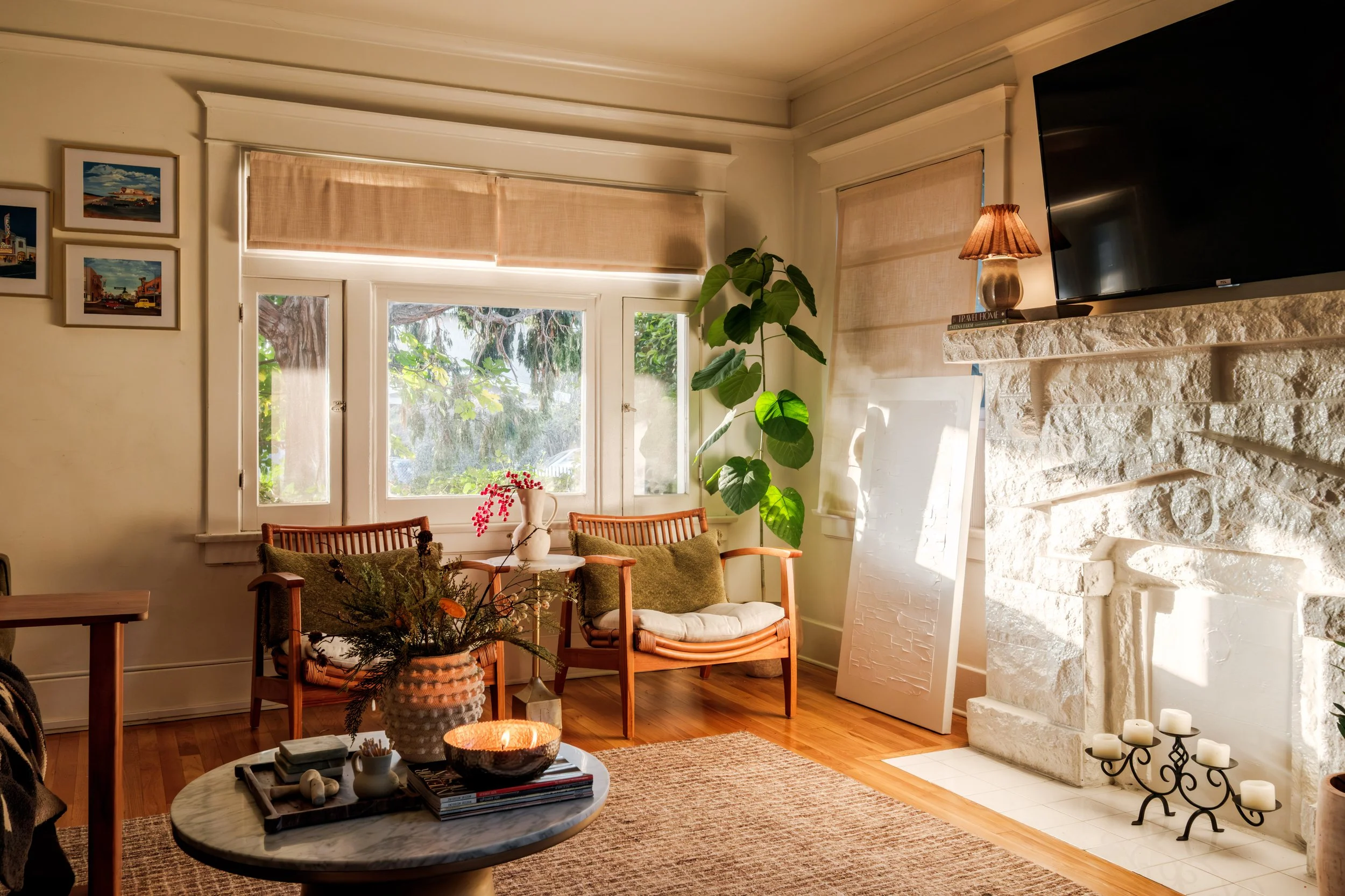 Cozy living room with armchairs, a fireplace, a window with beige shades, a large indoor plant, a marble-topped coffee table with decor, and framed pictures on the wall