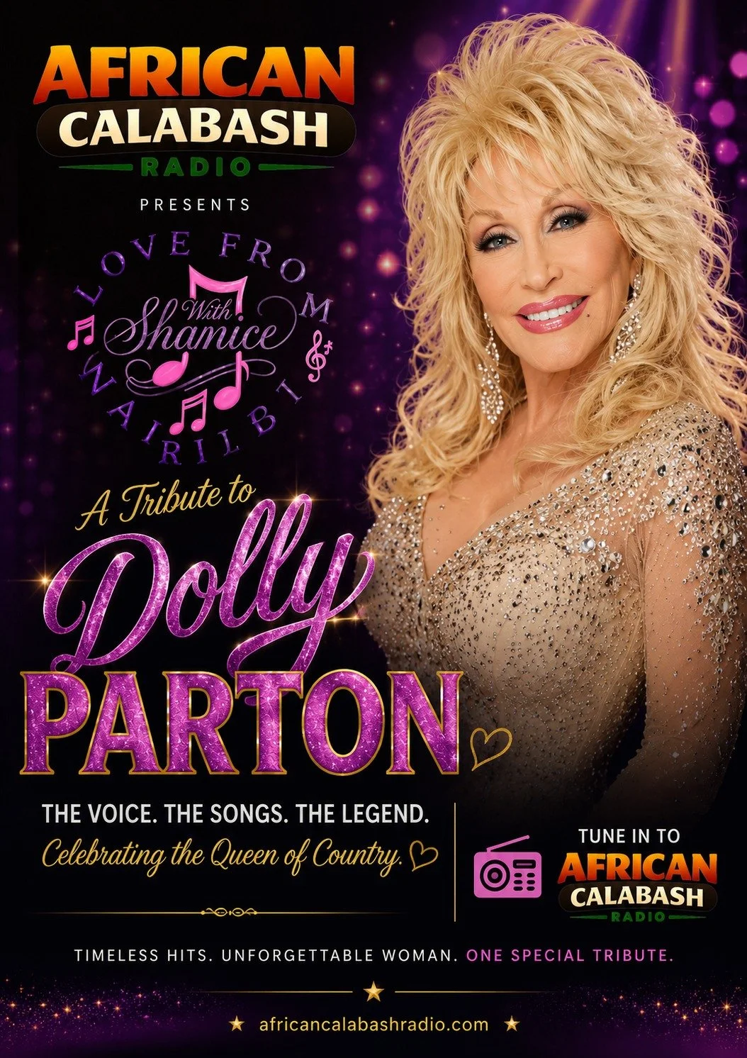 Join ShaNice for a captivating radio special dedicated to the legendary Dolly Parton. Experience 90 minutes of timeless storytelling, iconic duets, and breathtaking crossover hits. From mountain roots to global anthems, celebrate the unmatched legacy