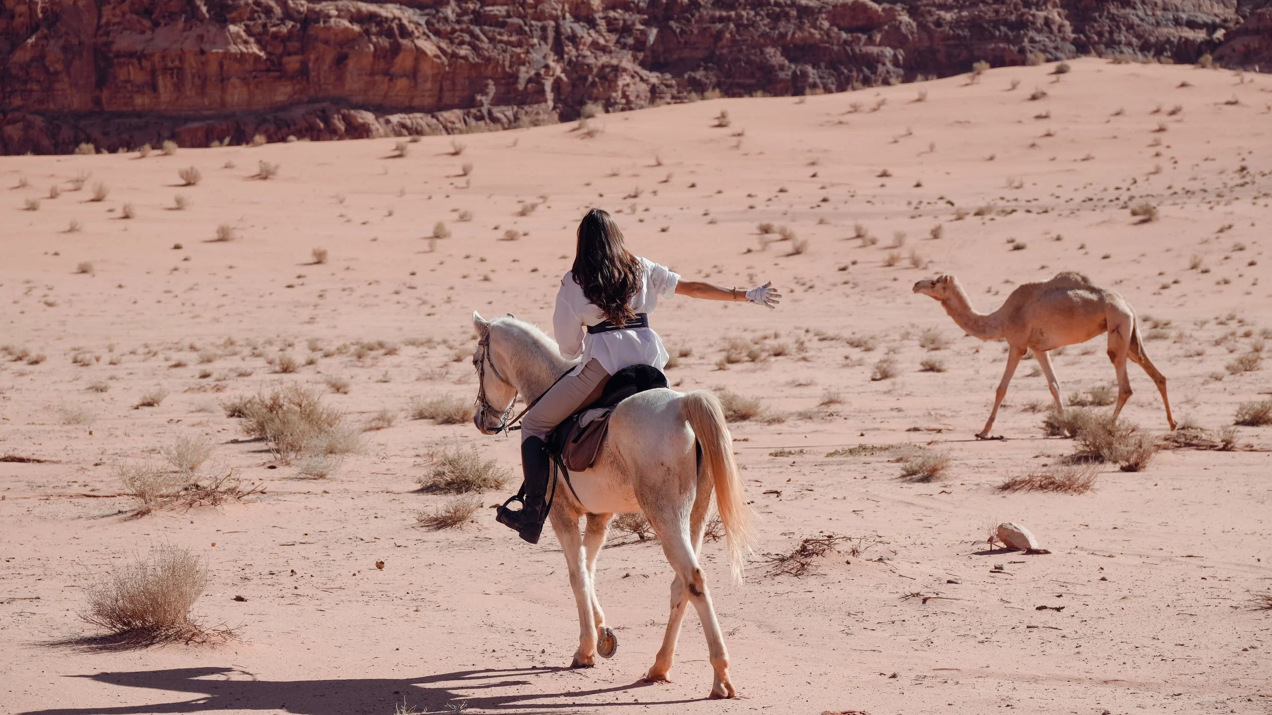 A woman riding a white horse in the Wadi Rum Desert in Jordan, with sparse vegetation and a camel walking in the background.