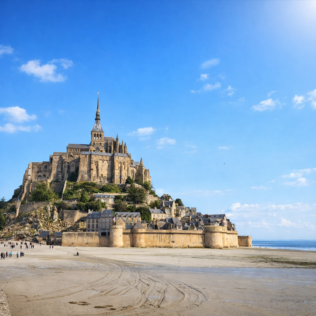 Famous Mont Saint Michel, a large historic castle with multiple towers and spires sits atop a hill surrounded by old stone walls, overlooking a sandy beach with a few small groups of people walking, under a blue sky with scattered clouds.