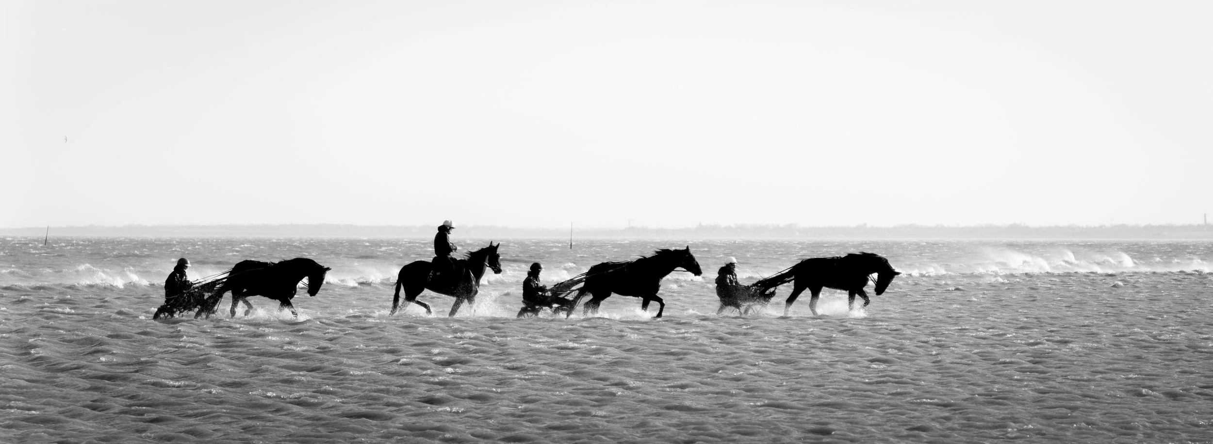 Silhouettes of five people riding horses through the ocean waves, with some trotting horses , in a black-and-white photo.
