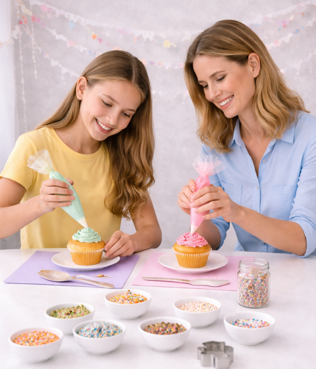 A mother and daughter decorating cupcakes with colorful frosting and sprinkles at a table, celebrating a festive occasion.