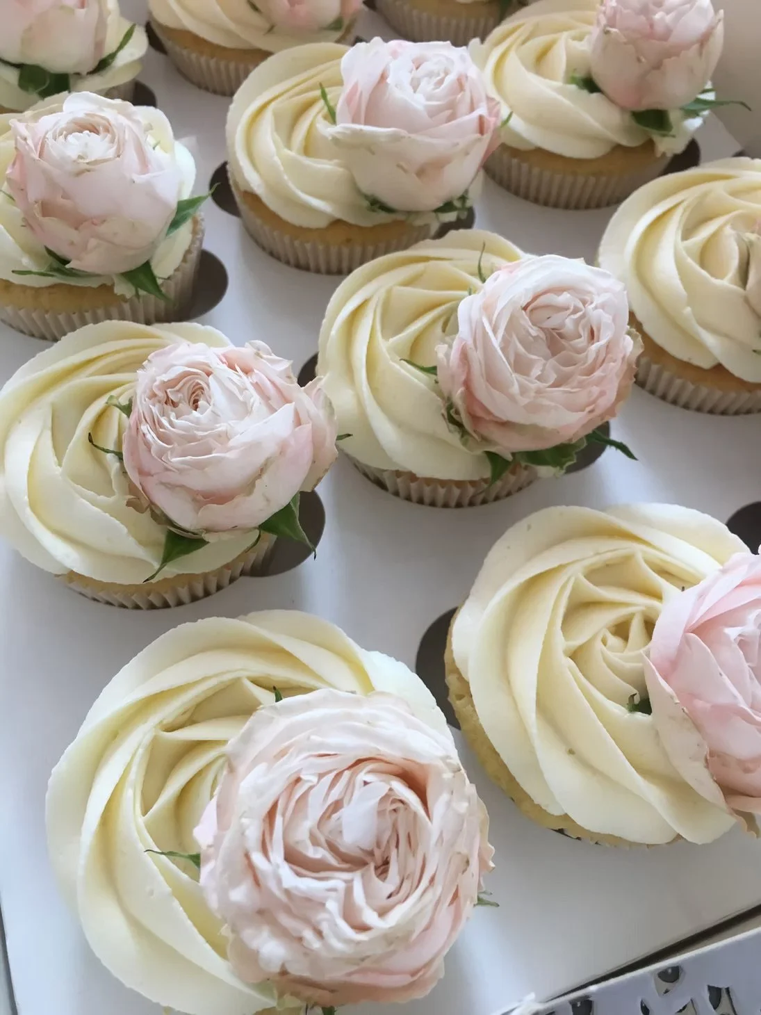 Cupcakes with white frosting swirled on top, decorated with pink roses and small green leaves.