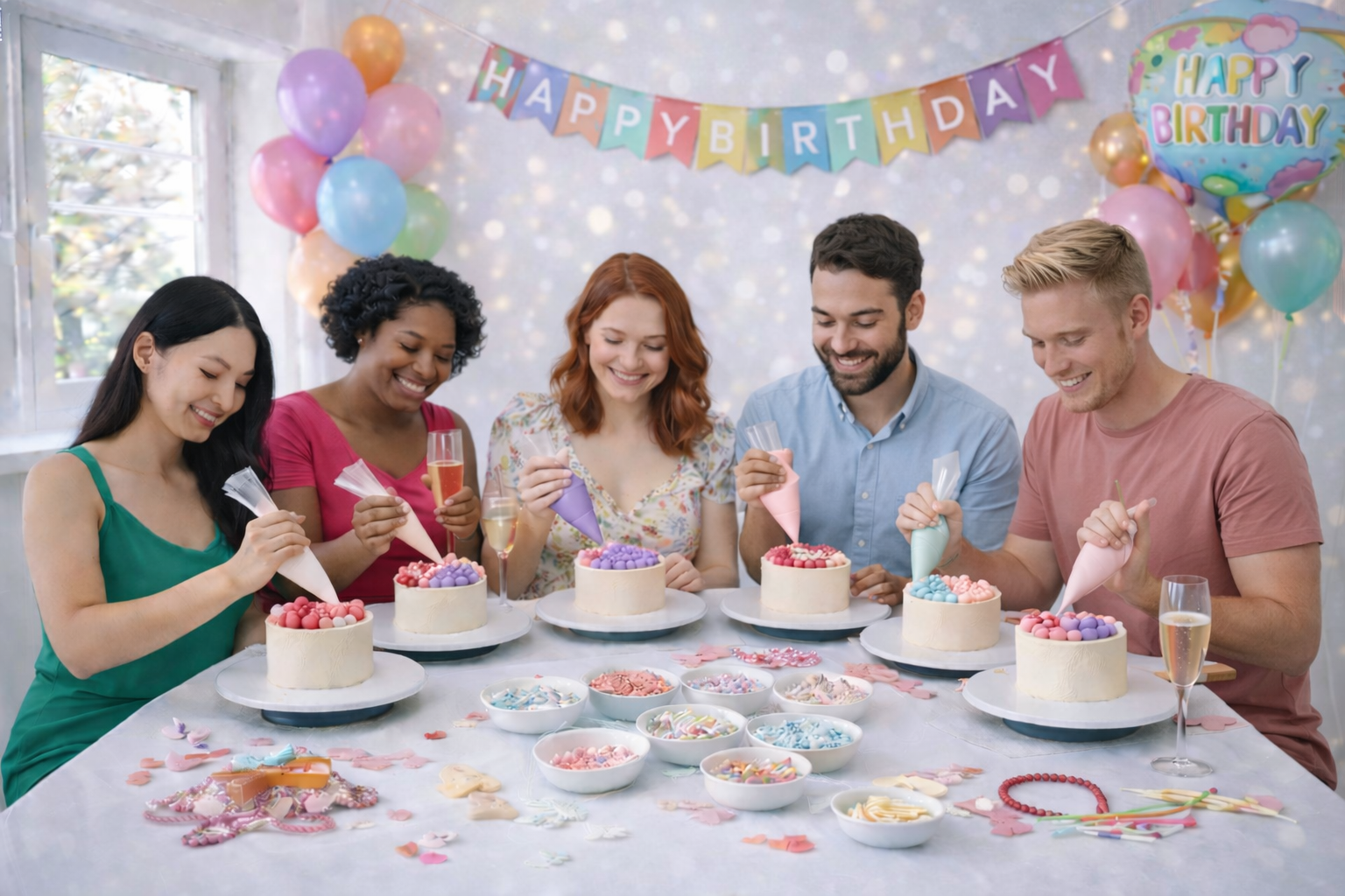 Animal-themed birthday cake with green and yellow watercolor designs, decorated with a lion figurine on top, a giraffe figurine on the side, and artificial green leaves in the background. The cake has a large green number five and a green name decoration that reads 'Leo'.