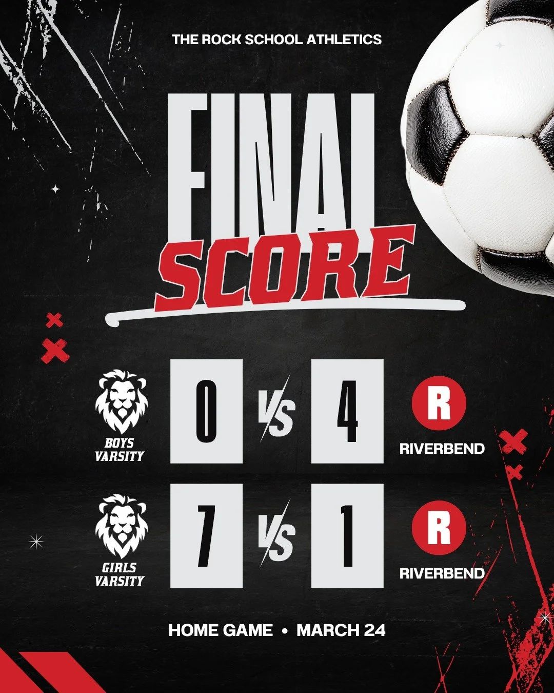Game recap from the 24th vs. Riverbend 🦁

Our girls came out strong with a 7&ndash;1 win at home! The boys battled hard but fell 0&ndash;4.

We are proud of both teams.  Go Lions!