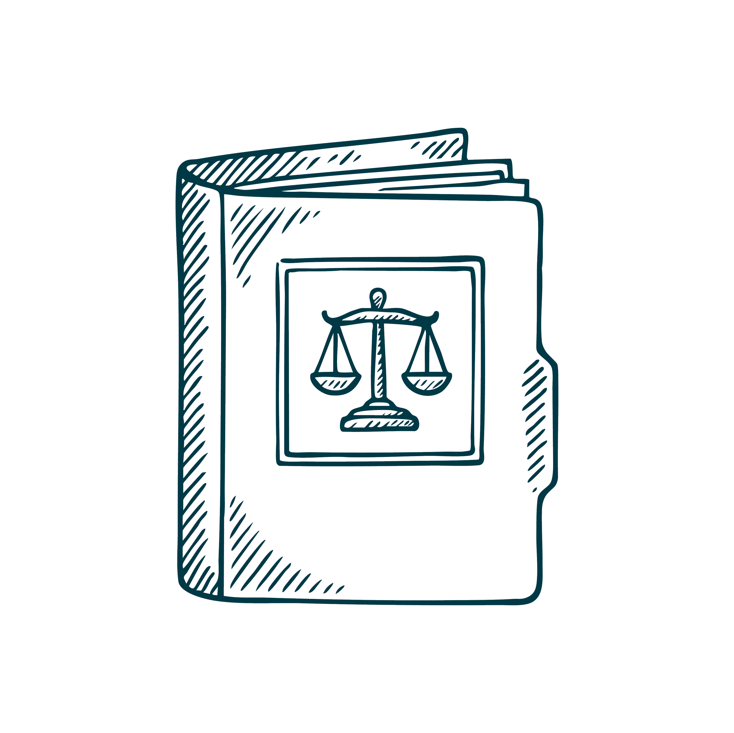 Illustration d’un dossier juridique avec symbole de justice, représentant la gestion des affaires clients.